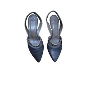 Coclico Leather Slingback Pumps Womens 37 Navy Bronze Wood Wedge Heel Spain